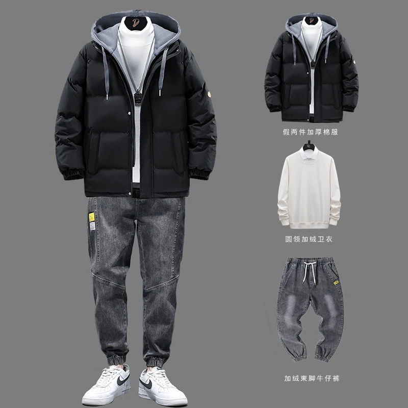 休闲连帽宽松棉服男士秋冬季套装一保暖套搭配痞帅气加厚百搭棉服