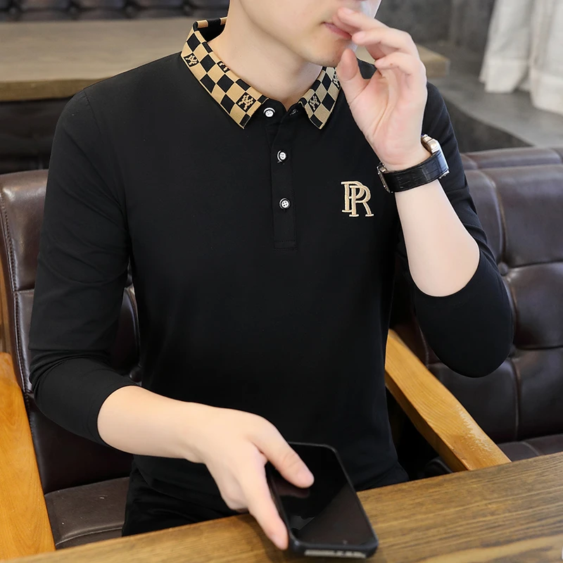 POLO衫男秋季新款翻领刺绣长袖t恤韩版帅气休闲商务上衣打底衫潮