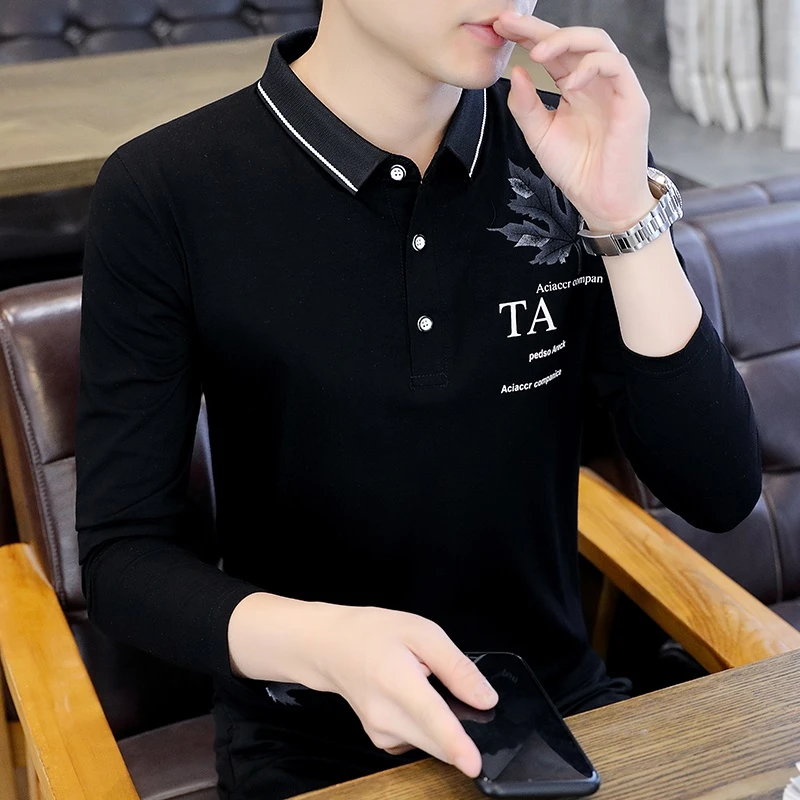 2025春夏季新款男士翻领长袖T恤时尚潮流印花百搭休闲打底POLO衫