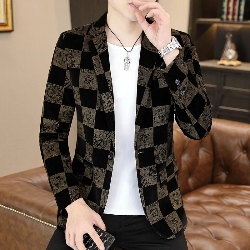 2025春秋新款男士西装外套休闲单西男小西服格子印花修身帅气上衣