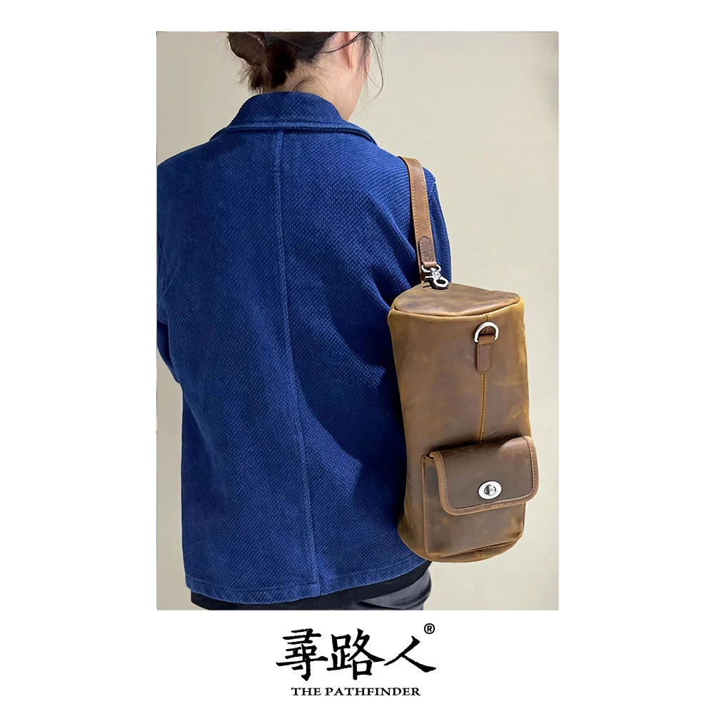 寻路人复古疯马美式户外个性做旧休闲桶包真皮女士斜挎包