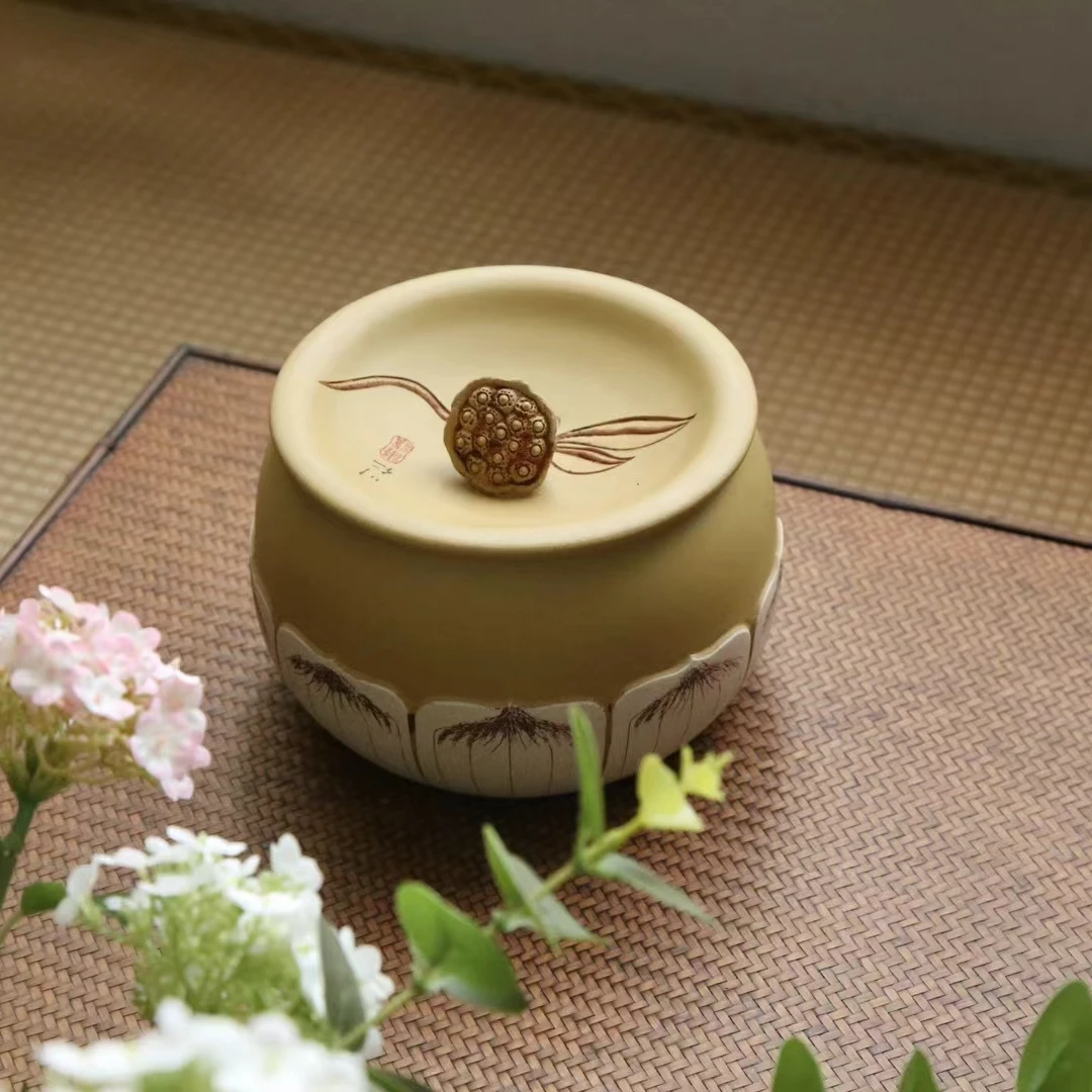《茶叶罐》黄段泥粉浆步步生莲手工莲花堆绘500克全手工大号