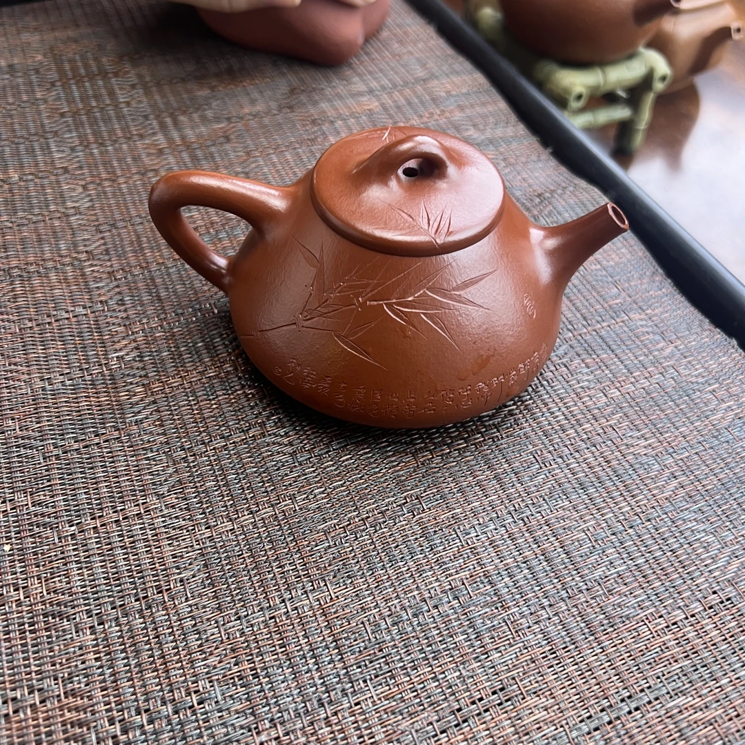 杨菲朱泥《子冶石瓢》160cc 手工刻竹 茶壶紫砂壶