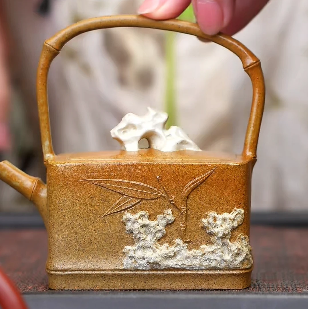 柴烧《秀竹·提梁壶》段泥手工制竹石图精美茶壶