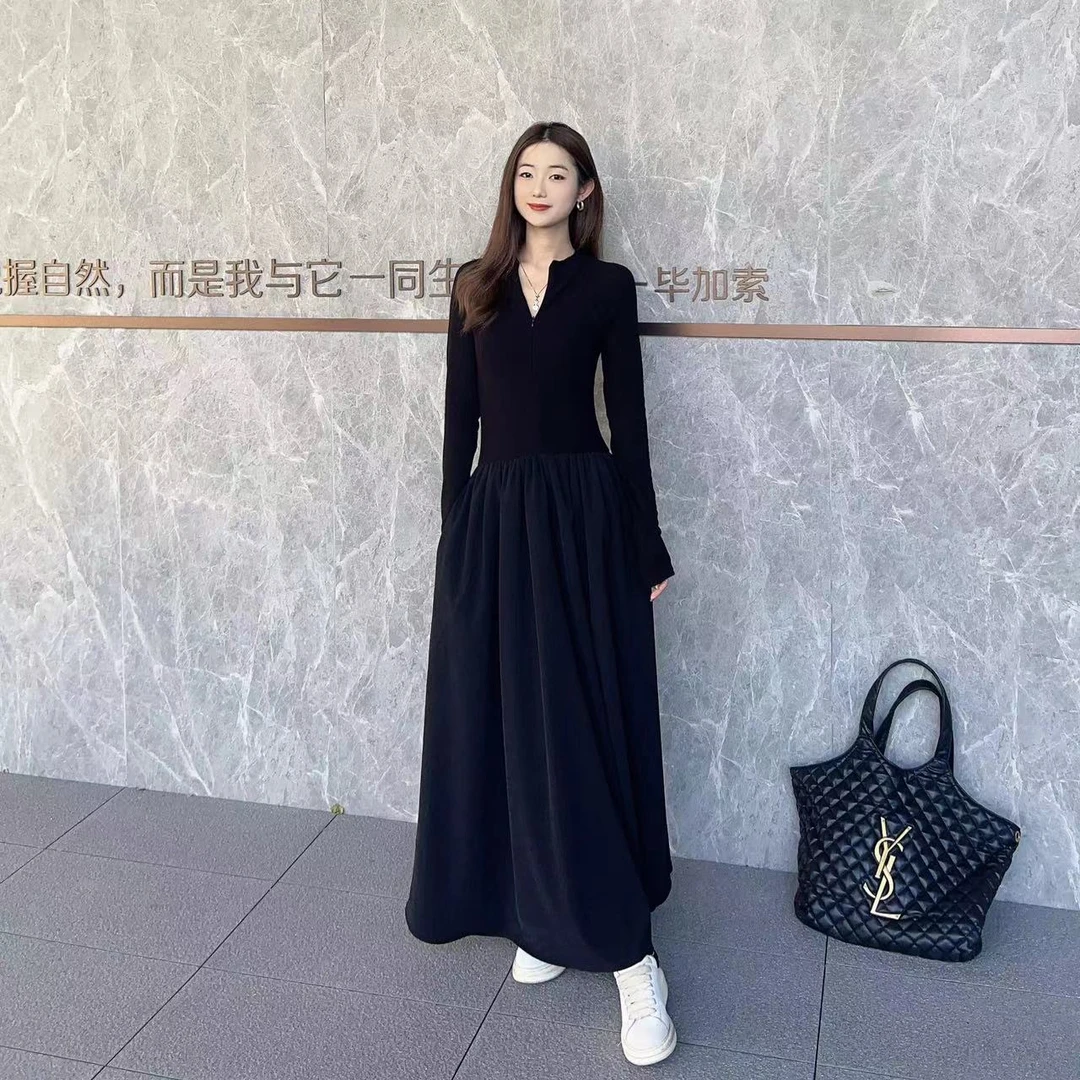 【予希 拉链款】2024秋冬百搭加厚收腰修身黑色打底女装连衣裙