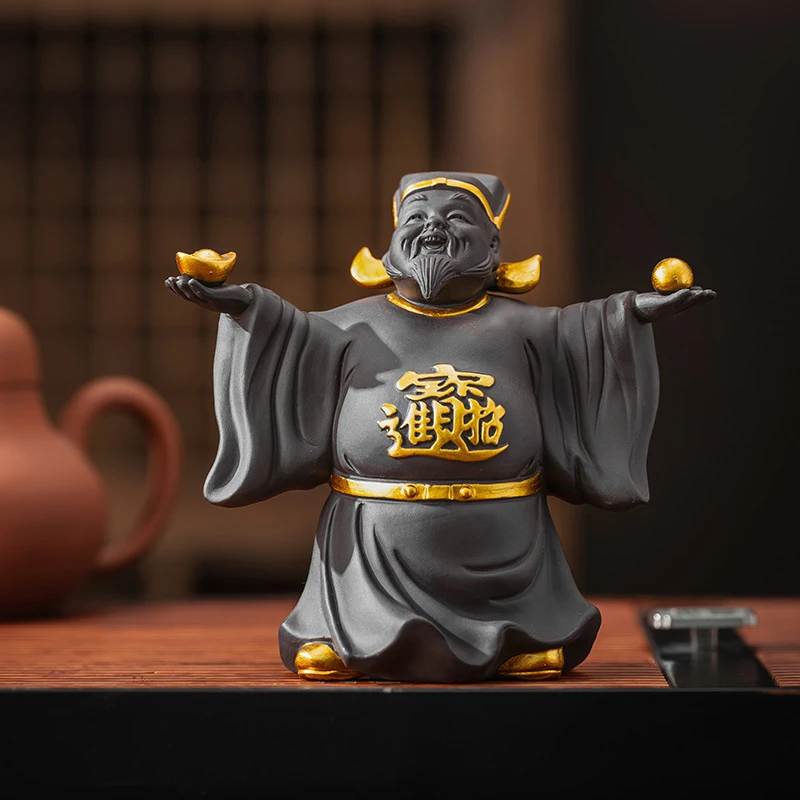 财神爷摆件招财家用办公室客厅桌面装饰紫砂大笑财神玄关书架摆件