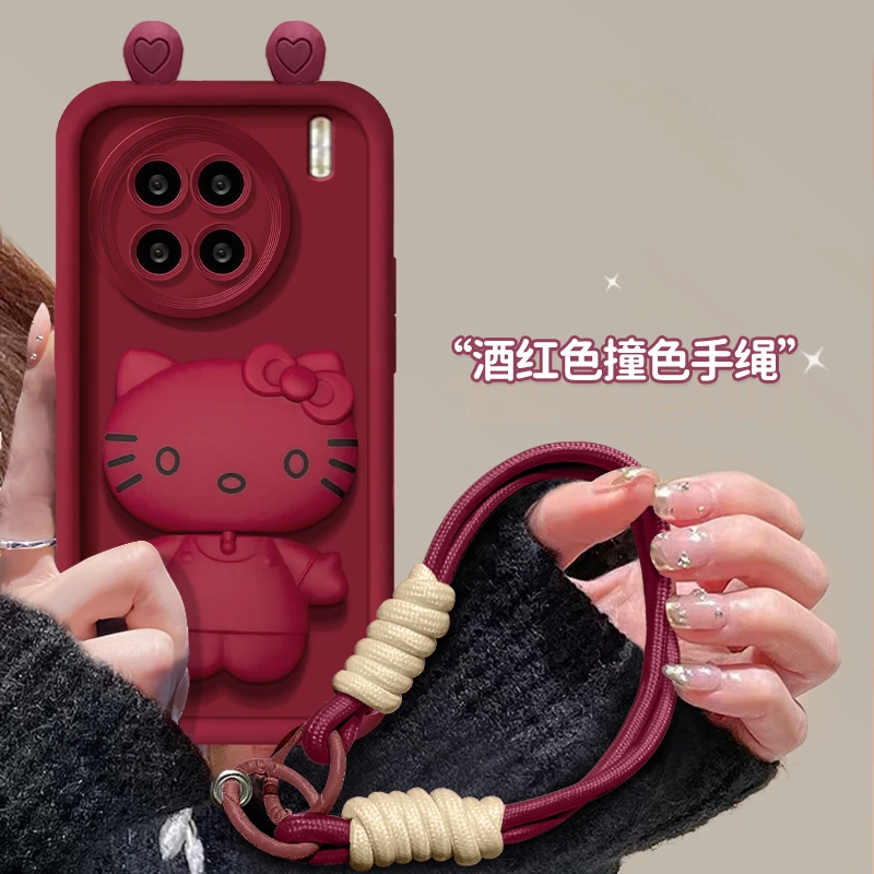适用vivox90手机壳猫咪支架红色网红爆款硅胶高级ins防摔女款