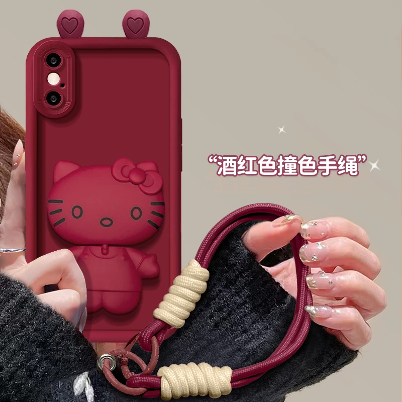 适用苹果XSMAX手机壳猫咪支架红色网红爆款硅胶创意防摔女款