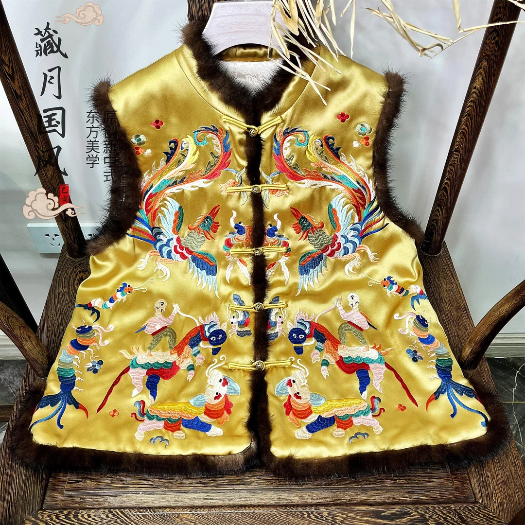 藏月2024秋冬国风复古醋酸重工刺绣圆领盘扣对襟马甲坎肩A6374320