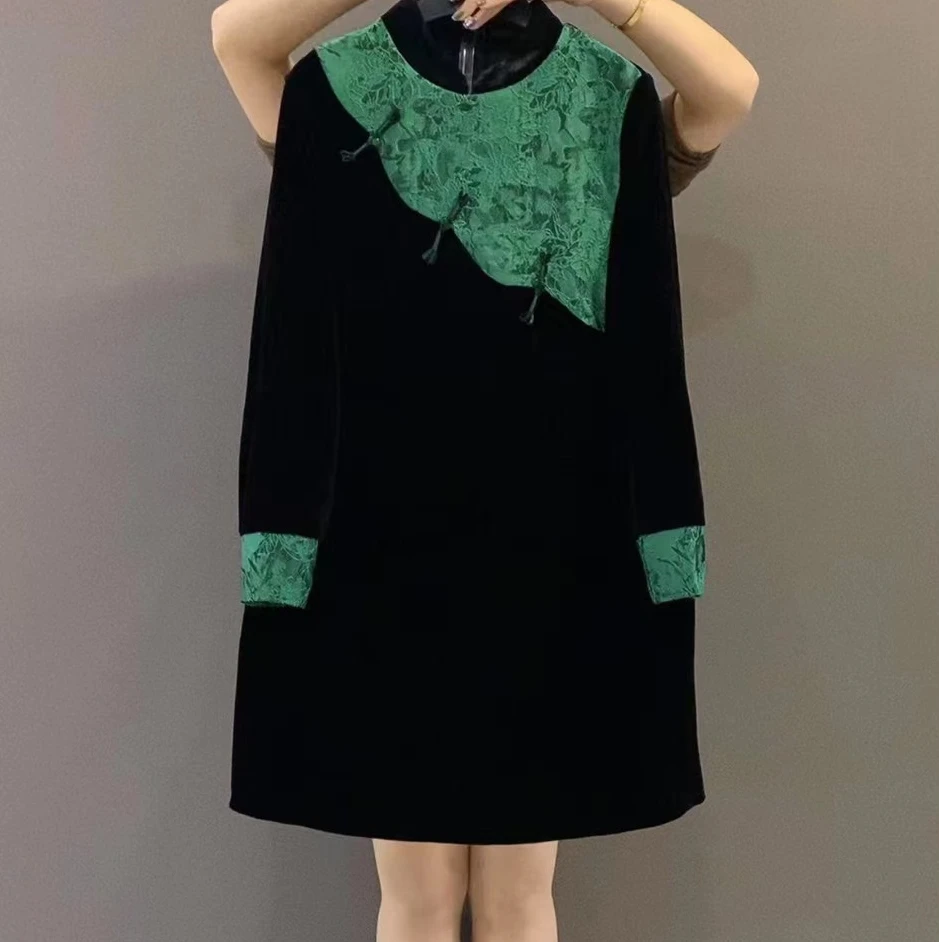 新中式国风盘扣撞色大码女装旗袍显瘦连衣裙