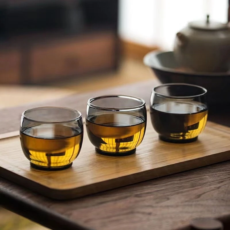 灰料品茗杯高硼硅玻璃透黑小茶杯耐热玻璃品茗杯高颜值