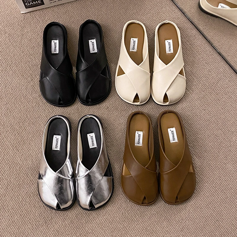 印妍NZ交叉拖鞋新款舒适镂空交叉绑带圆头包头半托2024凉拖6603P