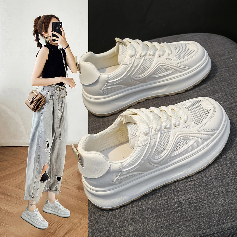 印妍百搭小白鞋女2024年夏季新款蕾丝网面透气厚底鞋运动休闲鞋P