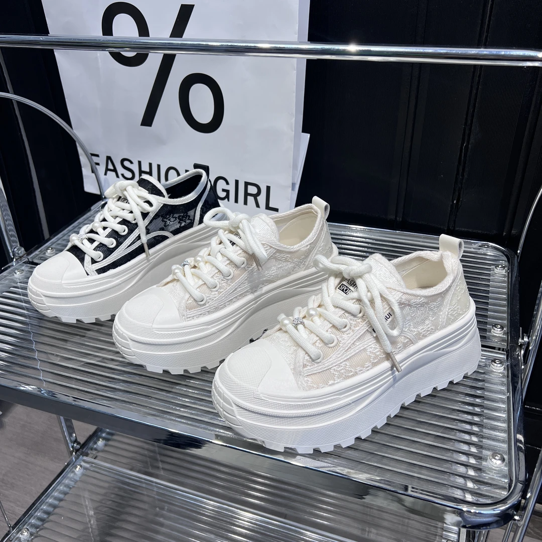 厚底网面透气小白鞋女2024新款夏季薄款蕾丝网鞋松糕百搭休闲板鞋