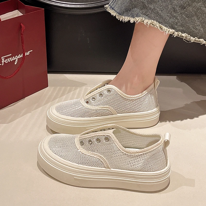 印妍网面透气夏季薄款软底不累脚小白鞋女百搭懒人一脚蹬鞋Z