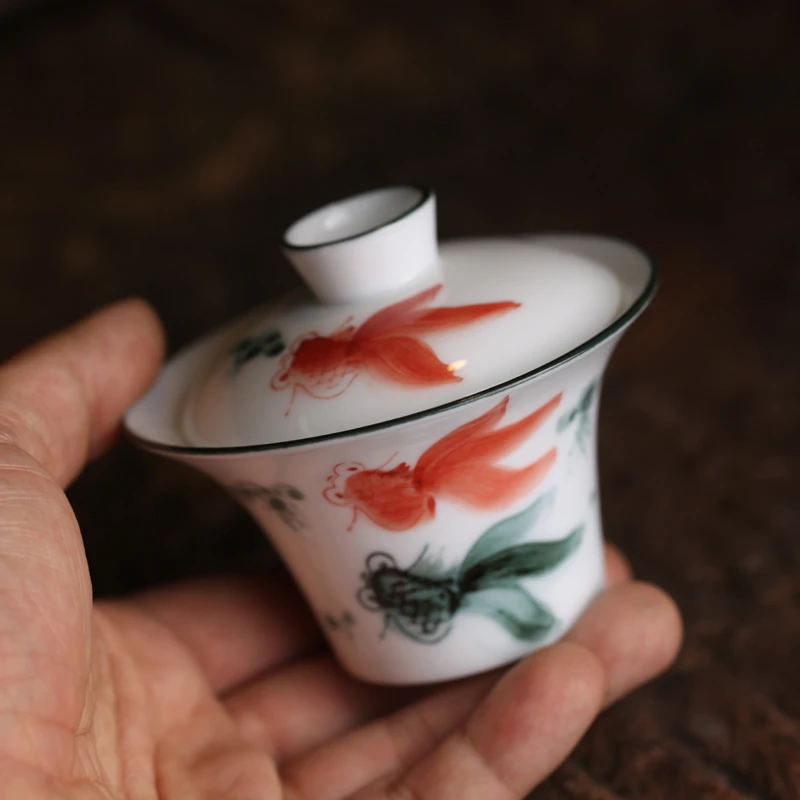 若深珍藏 潮州枫溪窑功夫手绘金鱼茶盖碗茶具高温陶瓷釉下彩100cc