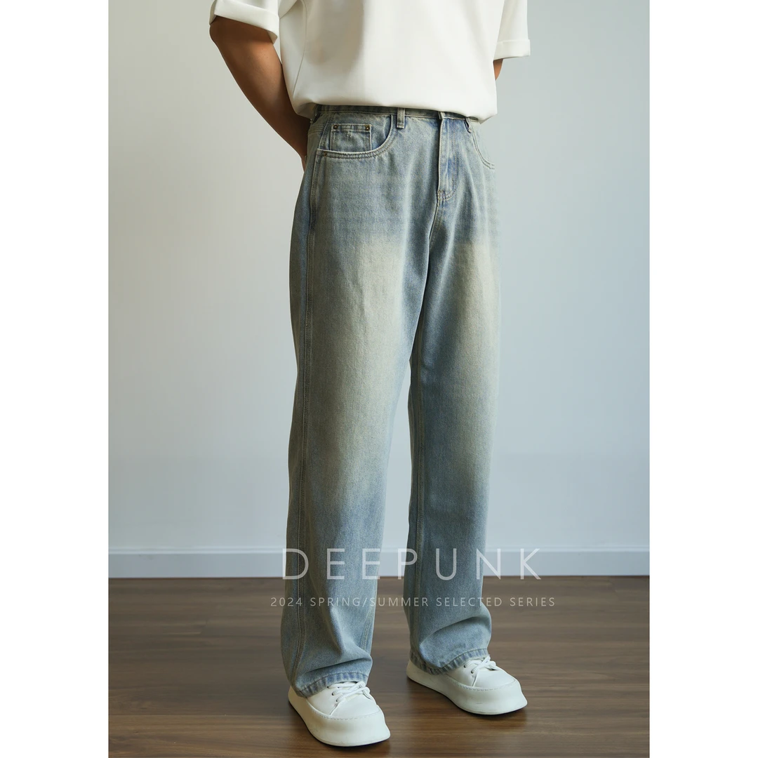 申朋 高级三本针酵洗春夏款微阔宽松版冰川蓝色牛仔裤长裤 2392