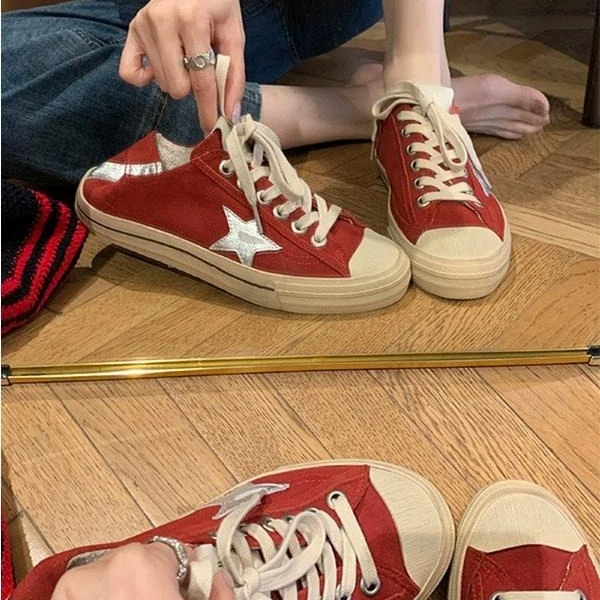 敲有性价比~2024年新款韩国做旧星星帆布小脏鞋女平底休闲板鞋女