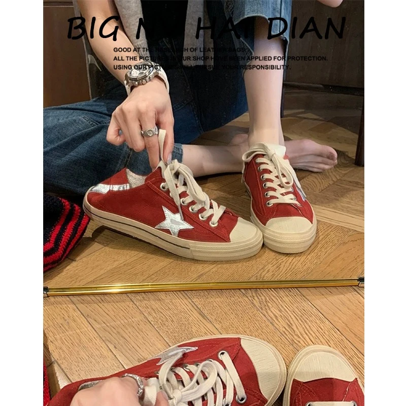 2025年秋韩国星星小脏鞋女红色做旧帆布鞋脏脏鞋女休闲百搭板鞋女