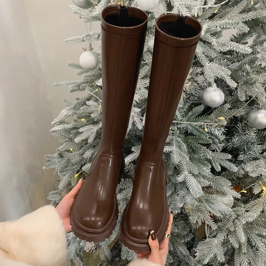 长靴子女厚底长筒靴女秋冬圆头粗跟骑士靴子2024新款小个子高筒靴