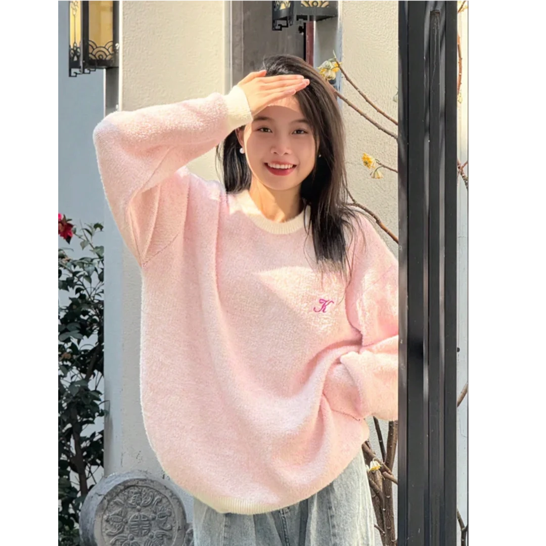 圆领慵懒风粉色毛衣长袖小众宽松ins韩版百搭学生加厚秋季设计感