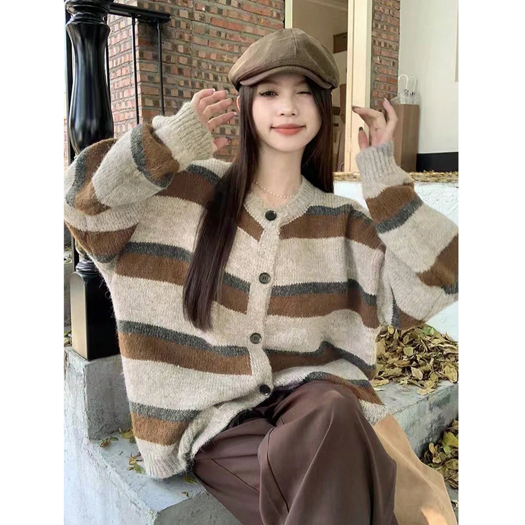 棕色复古长袖毛衣开衫外穿宽松条纹慵懒小香风春秋韩版秋季设计感