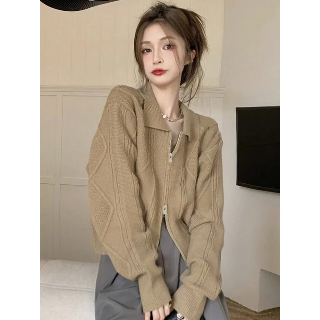 双拉链Polo领长袖针织开衫女秋冬巴恩风毛衣外套小个子短款上衣时