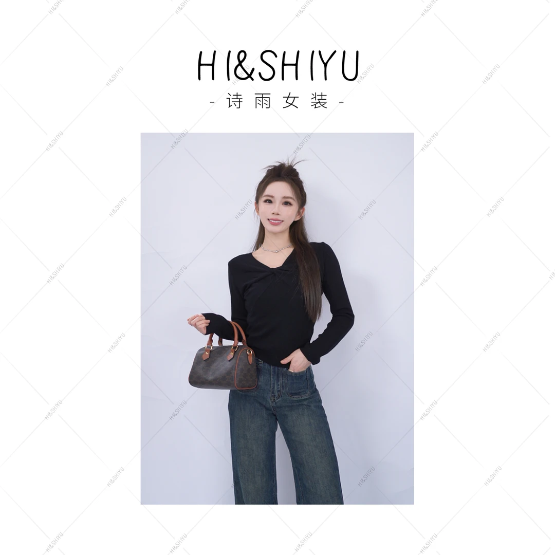 HISHIYU【小布丁】甜美气质交叉领针织显瘦百搭长袖纯色休闲上衣