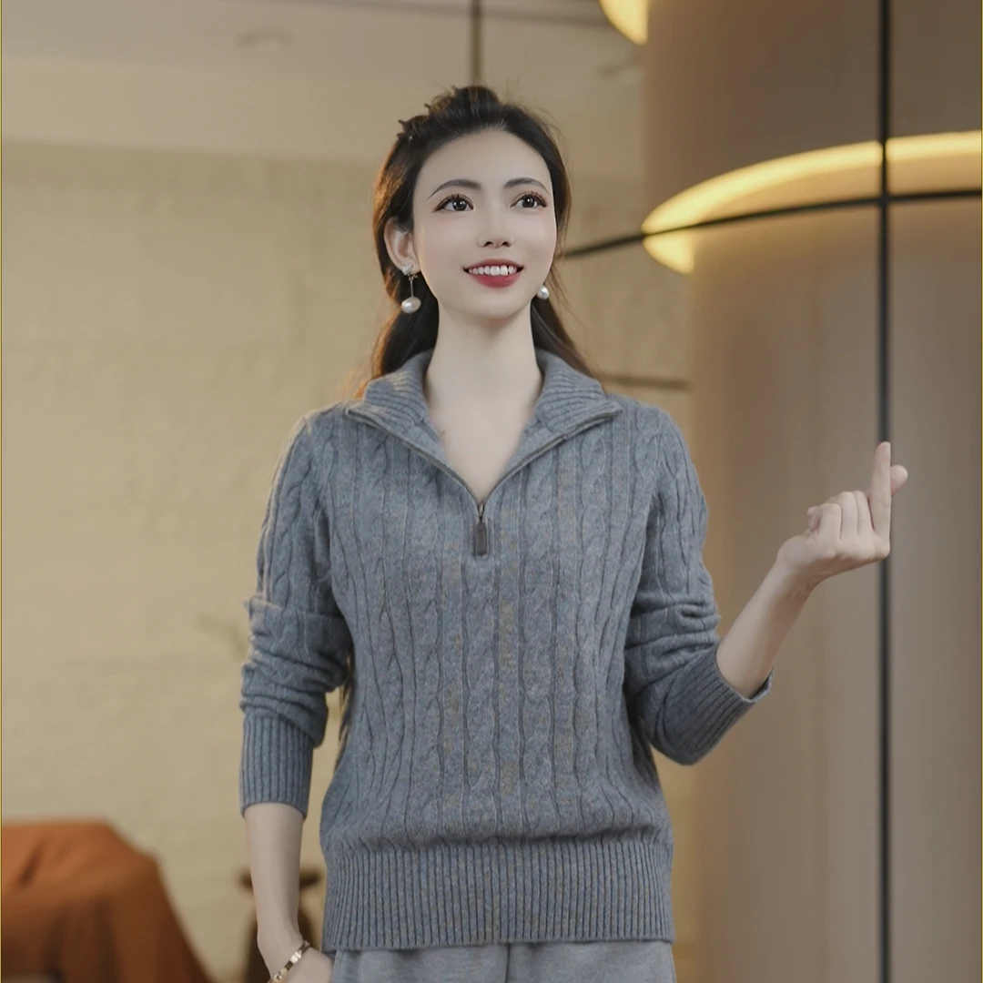 【100%绵羊毛】早春新款半高领柔软显瘦针织长袖拉链套头衫8627