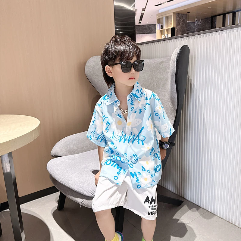 男童夏装短袖衬衫套装2024新款中大童度假风时髦沙滩衬衣俩件套潮