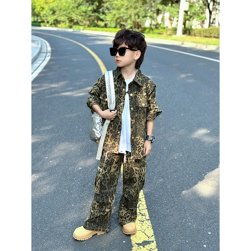 男童美式套装2024秋季新款豹纹外套宽松儿童休闲工装裤两件套潮酷