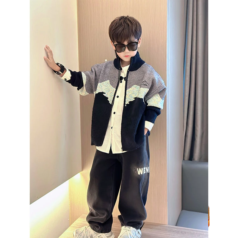 儿童装男童冬装开衫毛衣外套2024新款大童秋冬款针织冬季男孩加厚