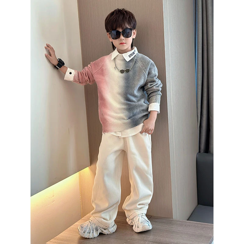 男童潮牌渐变毛衣秋冬款加厚针织衫2024新款儿童装男孩冬季打底衫