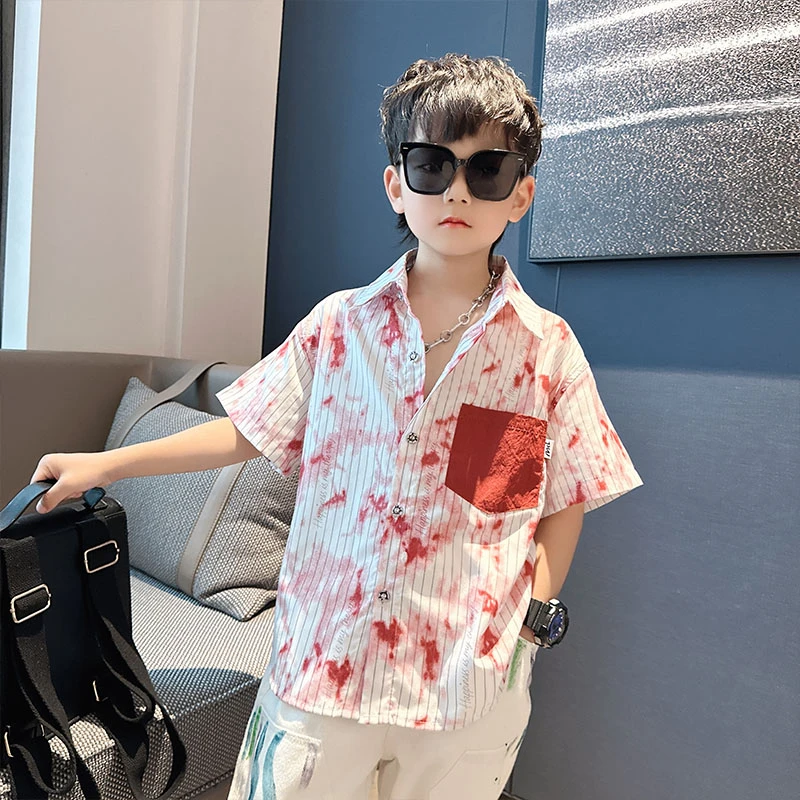 男童扎染短袖衬衫夏装2024新款宽松中大童上衣洋气夏季潮酷衣服薄