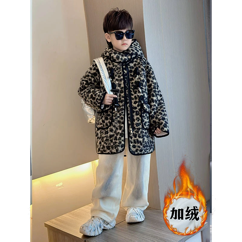 男童外套秋冬款2024新款儿童长毛呢上衣男孩冬季加绒厚呢子大衣潮
