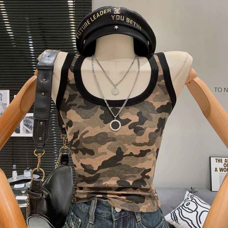 时尚洋气迷彩运动外穿吊带背心夏季新款修身显瘦短款百搭无袖上衣