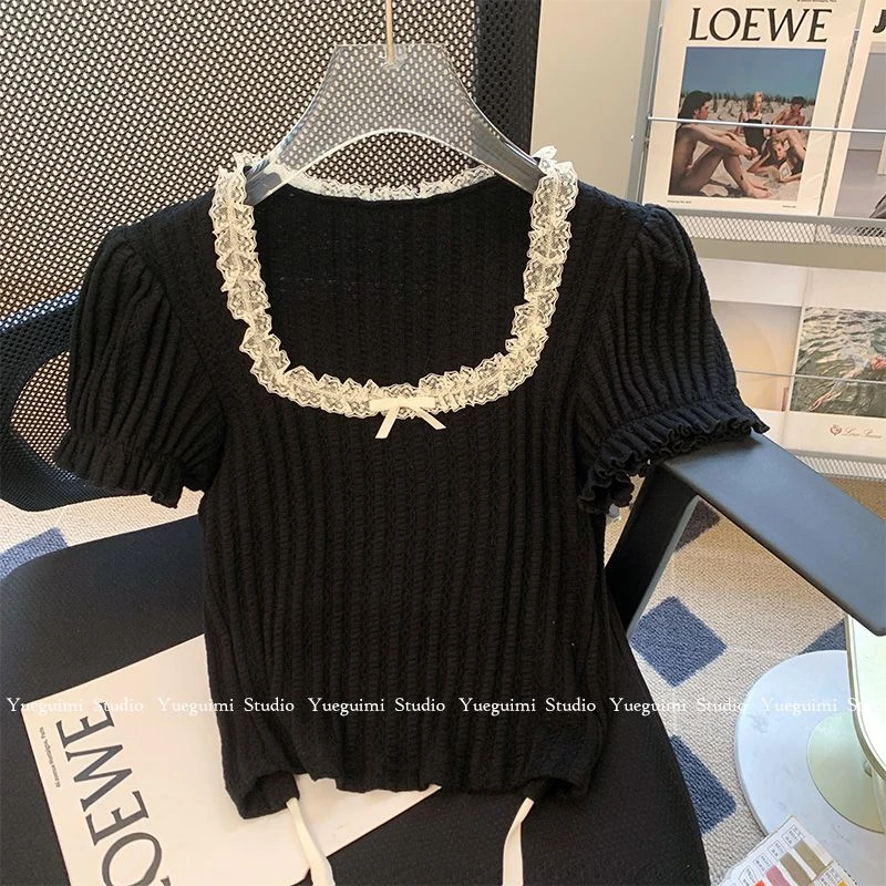 黑色方领泡泡袖短袖T恤女新款夏季修身显瘦小个子短款百搭上衣潮