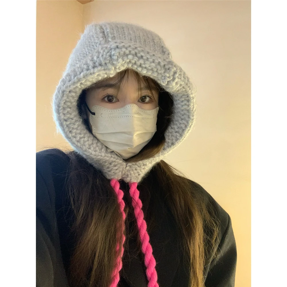 韩系手工粗棒系带针织毛线帽子女巴拉克拉法帽冬季保暖护耳套头帽