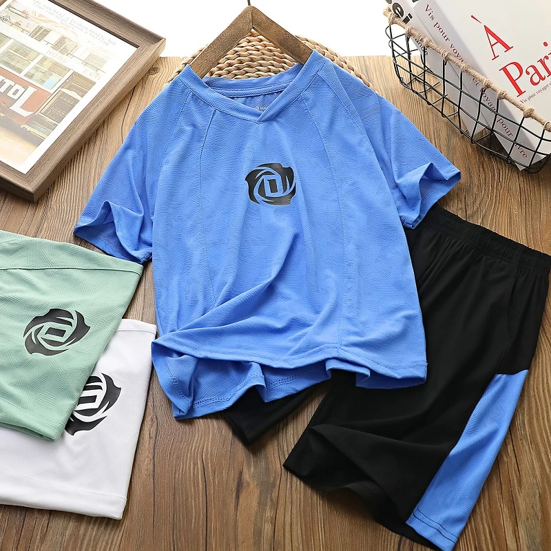 男童薄款速干运动套装2024夏季儿童短袖T恤冰丝七分裤中大童2件套