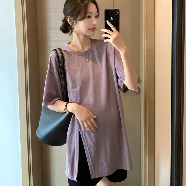 孕妇春夏开叉设计感圆领短袖T恤上衣宽松大码休闲时尚感夏季