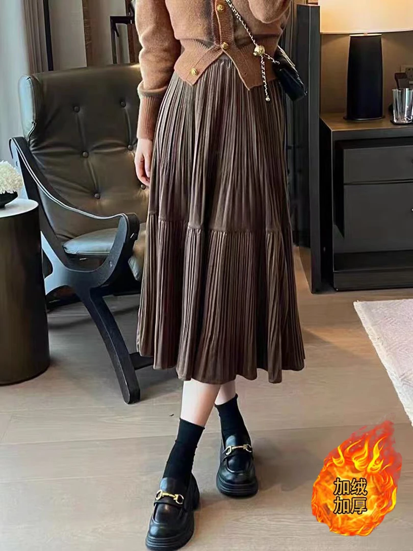 大码女装2024秋冬新款时尚潮流高腰加绒加厚百褶裙A字裙1668