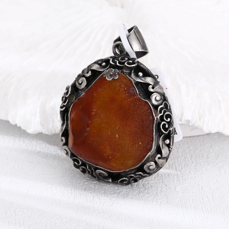 吊坠925银 手工银做旧花朵包边吊坠 百搭项链流行挂坠