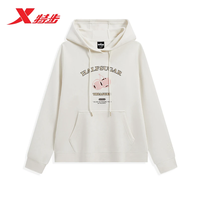 特步女连帽卫衣2024春秋季宽松休闲套头衫运动上衣976128930013