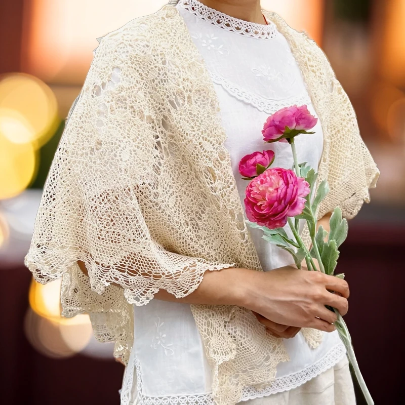 yf法式优雅小女人 细丝光棉线纯手工钩针百搭薄款披肩 方巾