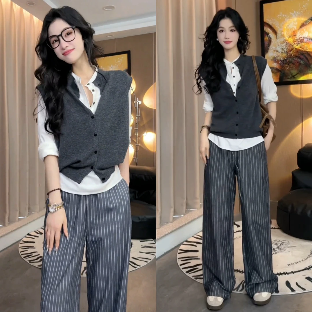 简约百搭针织开衫+长袖极简风衬衫+高腰休闲抽绳宽松条纹裤套装