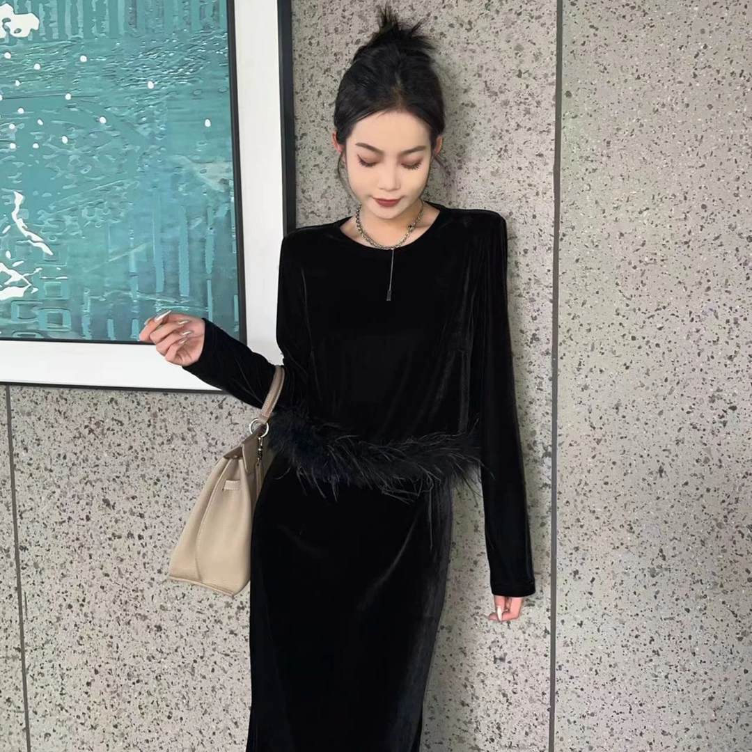 2025春秋冬季新款两件套高级感收腰显瘦气质长袖时尚开叉高腰套装