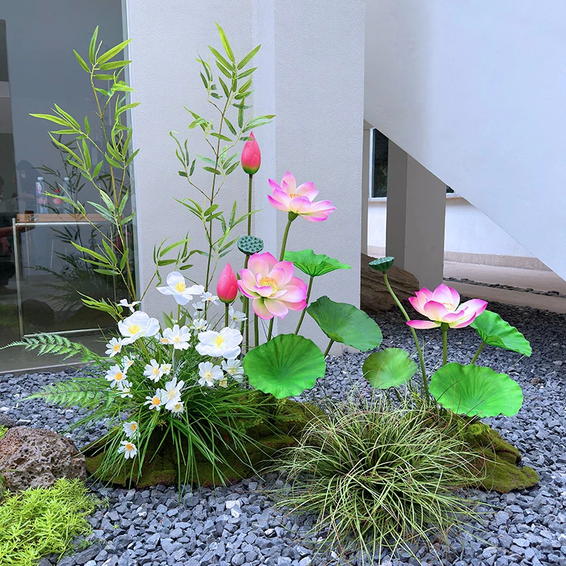 wo+庭院景观橱窗装饰花仿真莲花荷花苔藓包植物造景落地花艺竹子
