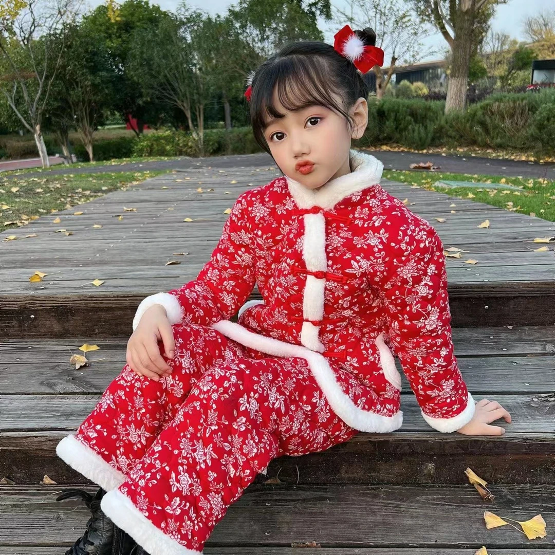 【热销】中国风拜年服童装洋气宝宝大花棉袄女童冬装儿童女童棉服冬