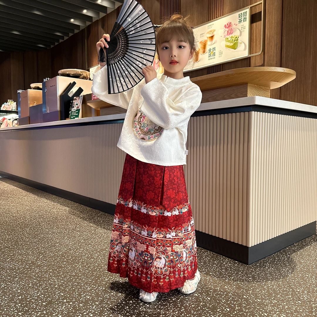 松紧款马面裙女童春秋款中新国风套装小女孩唐装国风童装女大童装