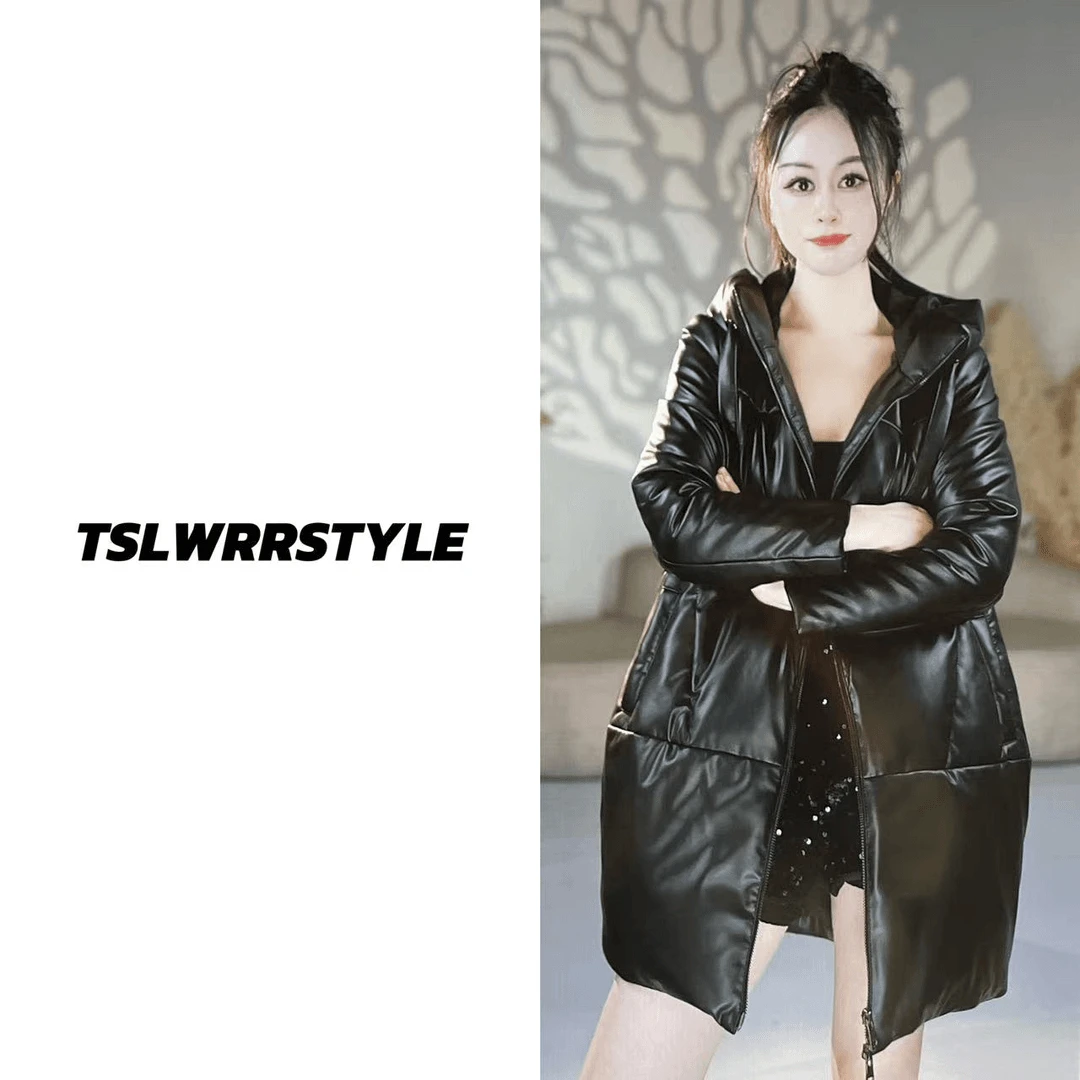 真皮鹅绒服时尚休闲连帽宽松中长款简约时尚百搭皮衣冬季保暖女